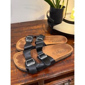 BioStep Black Leather Two Strap Buckle Cork Footbed Slide Sandals Womens 9 Spain